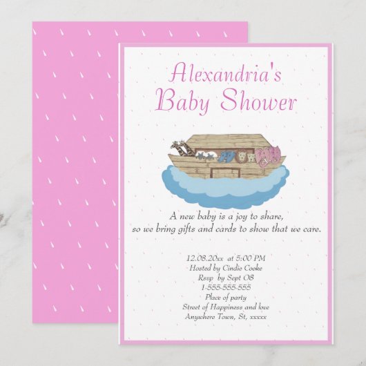 Bébé fille rose Noah's Ark Baby shower Invitation (Devant / Derrière)
