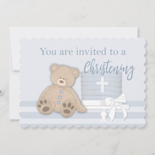 Bébé Garçon Baptême Bleu Invitation Gâteau Ours en (Devant)