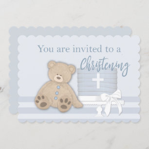 Bébé Garçon Baptême Bleu Invitation Gâteau Ours en