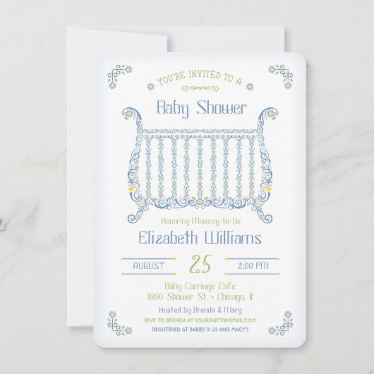 Bébé garçon douche Invitation - Lacy Crib - Bleu (Devant)