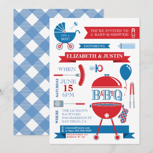 Bébé garçon - Invitation à une baby shower BBQ mod (Devant / Derrière)