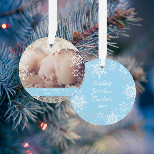 Bébé garçon premier Noël flocons de neige bleus Hi