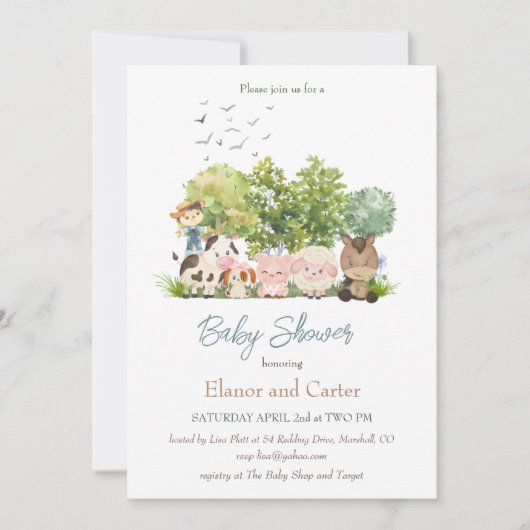 Bébé Grange Animaux Coed Baby shower Invitation (Devant)