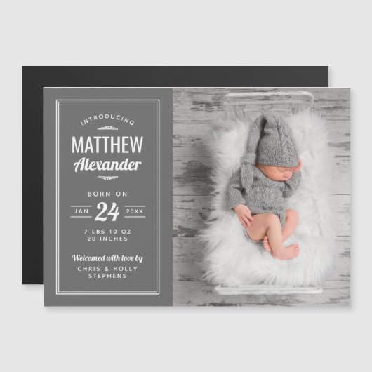 Bébé gris garçon Faire-part de naissance photo mag (Devant / Derrière)
