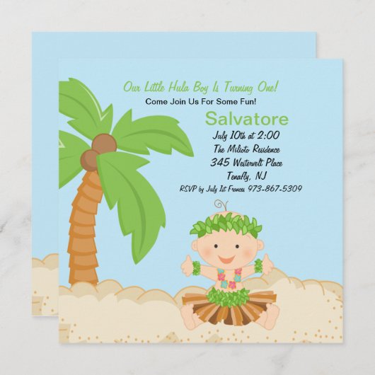 Bébé Hula Boy Invitation pour le premier anniversa (Devant / Derrière)