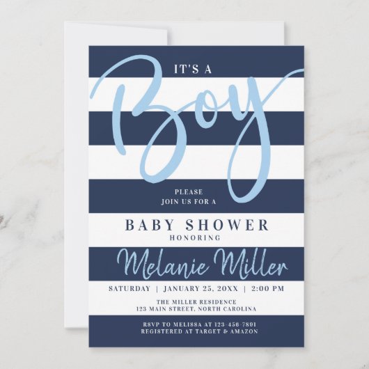 Bébé Invitations de douche, Bleu de marine (Devant)
