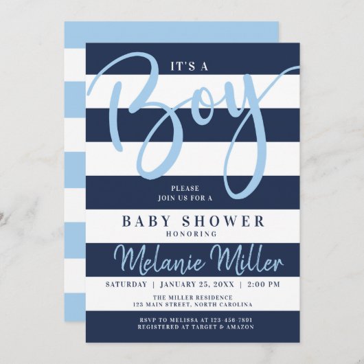 Bébé Invitations de douche, Bleu de marine (Devant / Derrière)