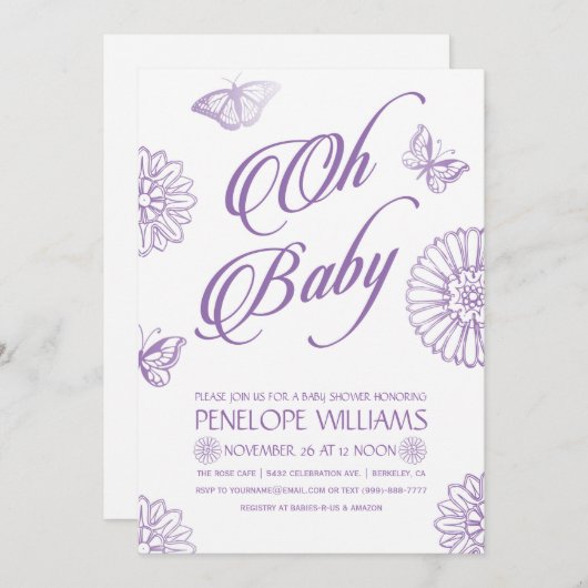 Bébé| Invitations de douches pour bébés| Violet (Devant / Derrière)