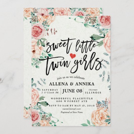 Bébé Invitations Douche Sweet Little Twin Girls (Devant / Derrière)