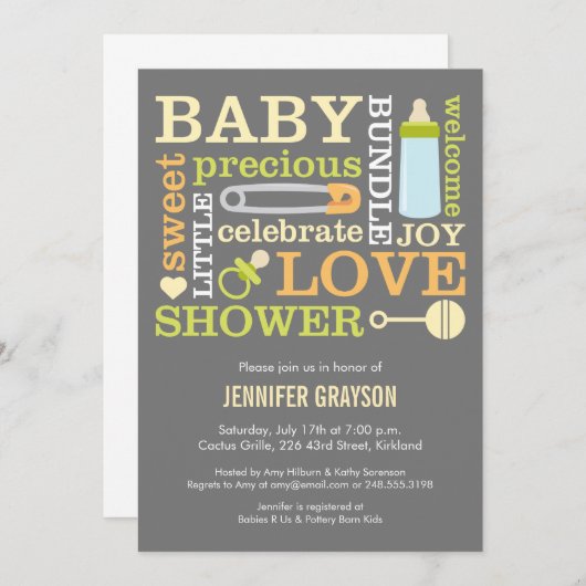 Bébé Jumble Baby shower invitation en Jaune (Devant / Derrière)