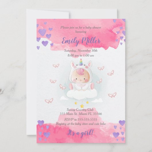 Bébé licorne fille douche invitation aquarelle (Devant)