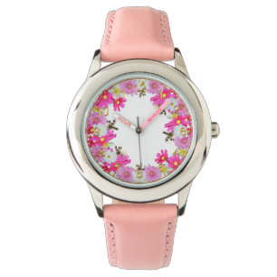 Bébé Meerkats Et Fleurs, Fille Montre En Cuir Rose