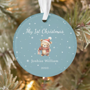 Bébé mignon 1er Noël Photo Bleu Simple Ornement
