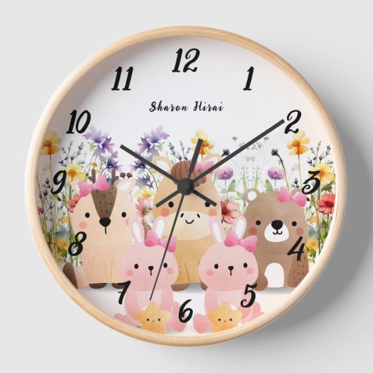 Bébé mignon Animaux et Fleur sauvage Horloge mural (Recto)