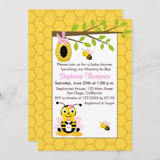 Bébé mignon Bumblebee Fille Bébé Douche Invitation (Devant / Derrière)