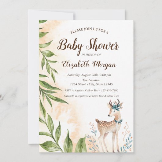 Bébé mignon cerf Feuilles Baby shower Invitation (Devant)