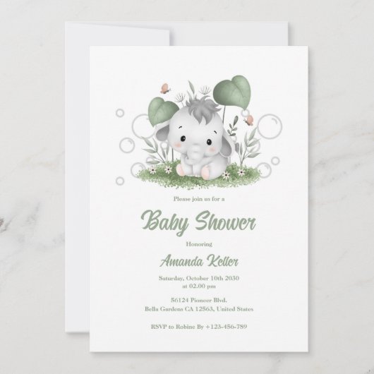Bébé mignon Eléphant Baby shower Invitation (Devant)