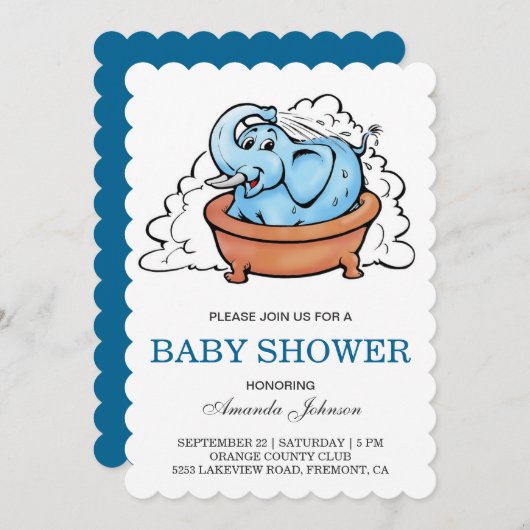 Bébé mignon Eléphant Bain Baby shower Invitation (Devant / Derrière)