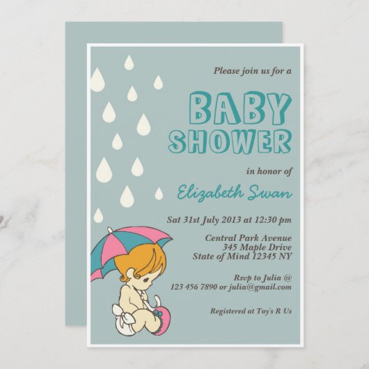 Bébé mignon et Baby shower parapluie Invitation Bl (Devant / Derrière)