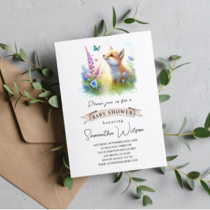 Bébé mignon Fox et Baby shower papillon Invitation