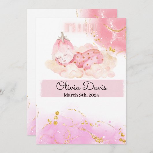 Bébé mignon fraise "C’est une fille" faire-part (Devant / Derrière)