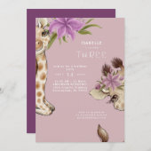 Bébé mignon Giraffe rose Anniversaire Invitation (Devant / Derrière)