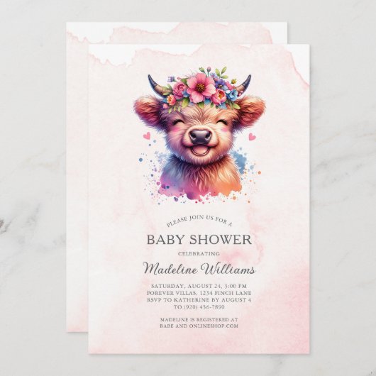 Bébé mignon Highland Cow Baby shower Invitation (Devant / Derrière)
