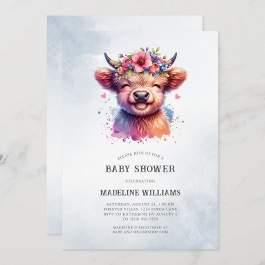 Bébé mignon Highland Cow Baby shower Invitation (Devant / Derrière)
