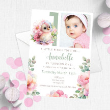 Bébé mignon Oiseau un an Anniversaire Invitation