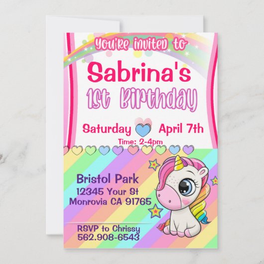 Bébé mignon Unicorn Première invitation d'annivers (Devant)