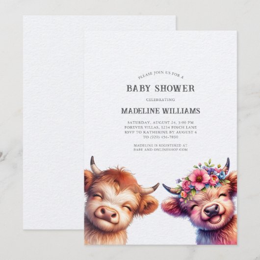 Bébé mignon vaches Highland Baby shower Invitation (Devant / Derrière)