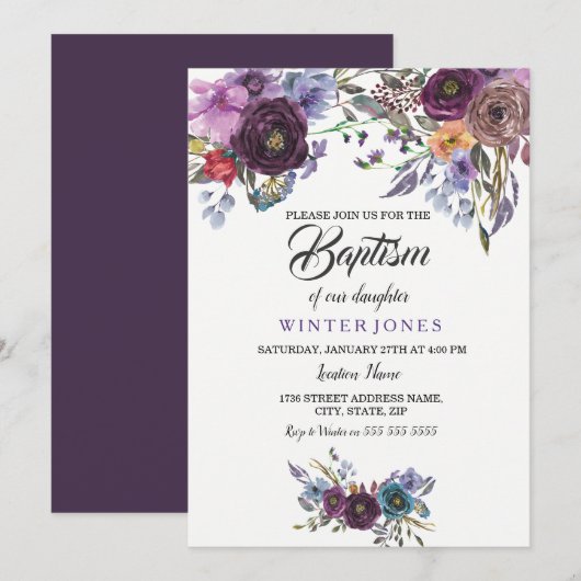 Bébé mou Floral d'hiver fille Baptême Invitation (Devant / Derrière)