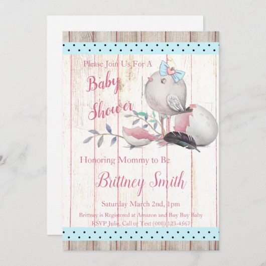 Bébé Oiseau, Invitation à une Baby Shower (Devant / Derrière)