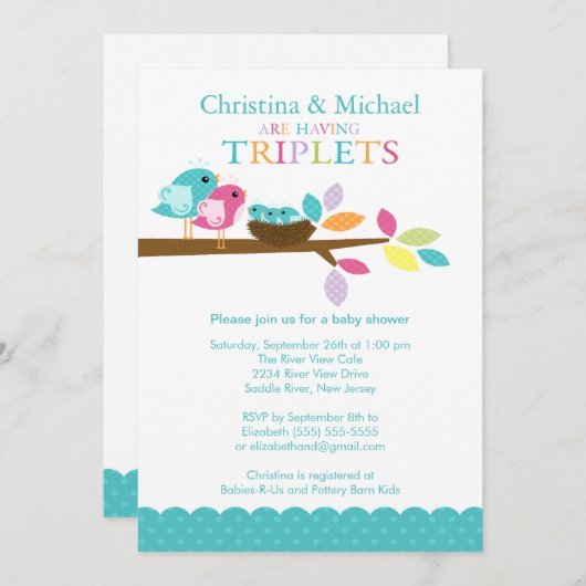 Bébé Oiseaux Triplets de nid Invitations de douche (Devant / Derrière)