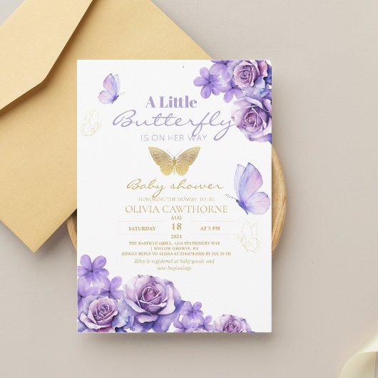 Bébé papillon fille douche or Floral Invitation