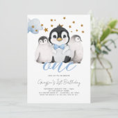 Bébé Penguin Enfants 1er anniversaire Invitation (Debout devant)