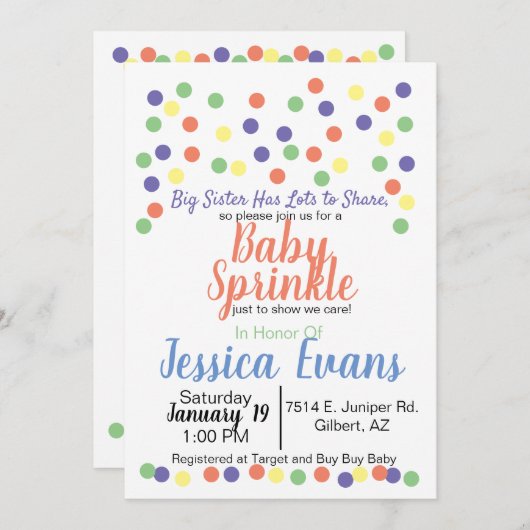 Bébé Polka Dot Sprinkle Baby Shower Invitations (Devant / Derrière)