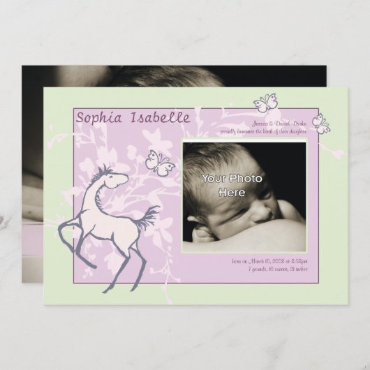 Bébé Pony et papillons Faire-part de naissance fil (Devant / Derrière)