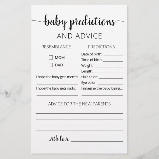 Bébé prédictions et carte de conseil Baby shower (Devant)