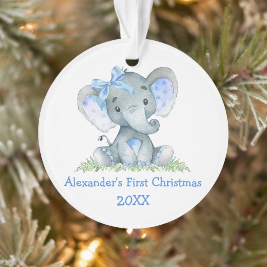 Bébé Première aquarelle de Noël Bleu éléphant Bow (Arbre)
