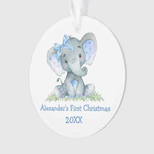 Bébé Première aquarelle de Noël Bleu éléphant Bow (devant)