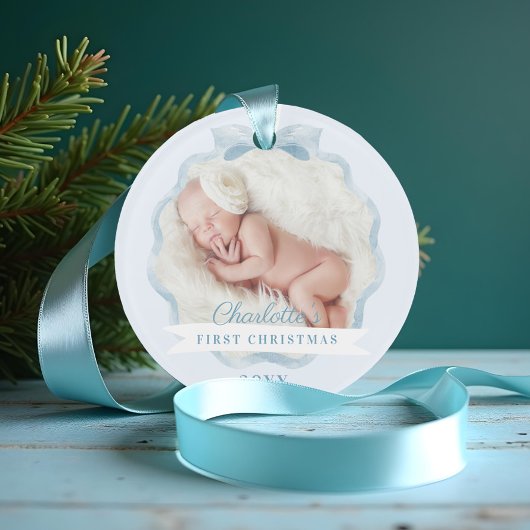 Bébé Première aquarelle de Noël Bleu ruban et Bow
