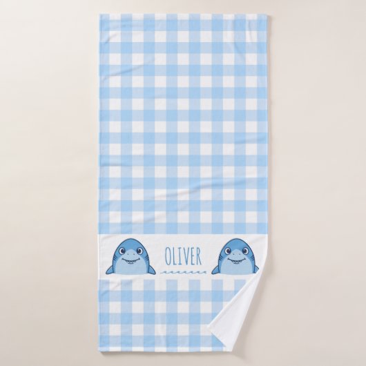 Bébé Requin Bleu Mignon Gingham Nom Naissance (Serviette de bain)