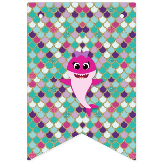 Bébé requin rose joyeux bannière d'anniversaire Or (Premier drapeau)