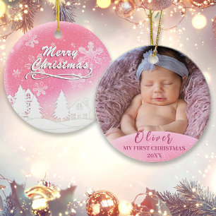 Bébé rose 1er Noël Photo personnalisée