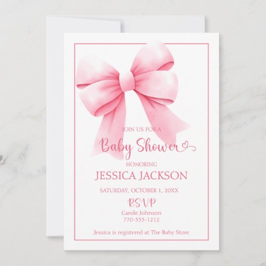 Bébé rose Bow fille douche Invitation (Devant)