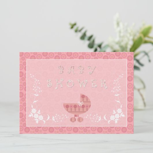 Bébé rose Buggy Bébé Douche Invitations (Debout devant)