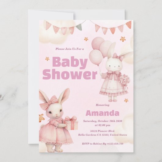 Bébé rose Bunny Douche Invitation (Devant)