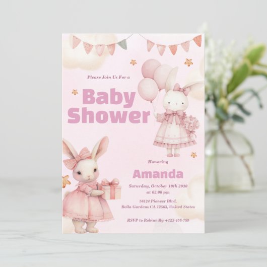 Bébé rose Bunny Douche Invitation (Debout devant)