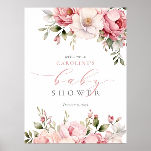 Bébé rose En Fleur Fille Baby shower Affiche de bi (Devant)